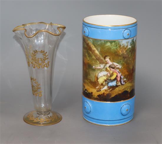 A French porcelain sleeve vase and a French glass vase Tallest 21cm